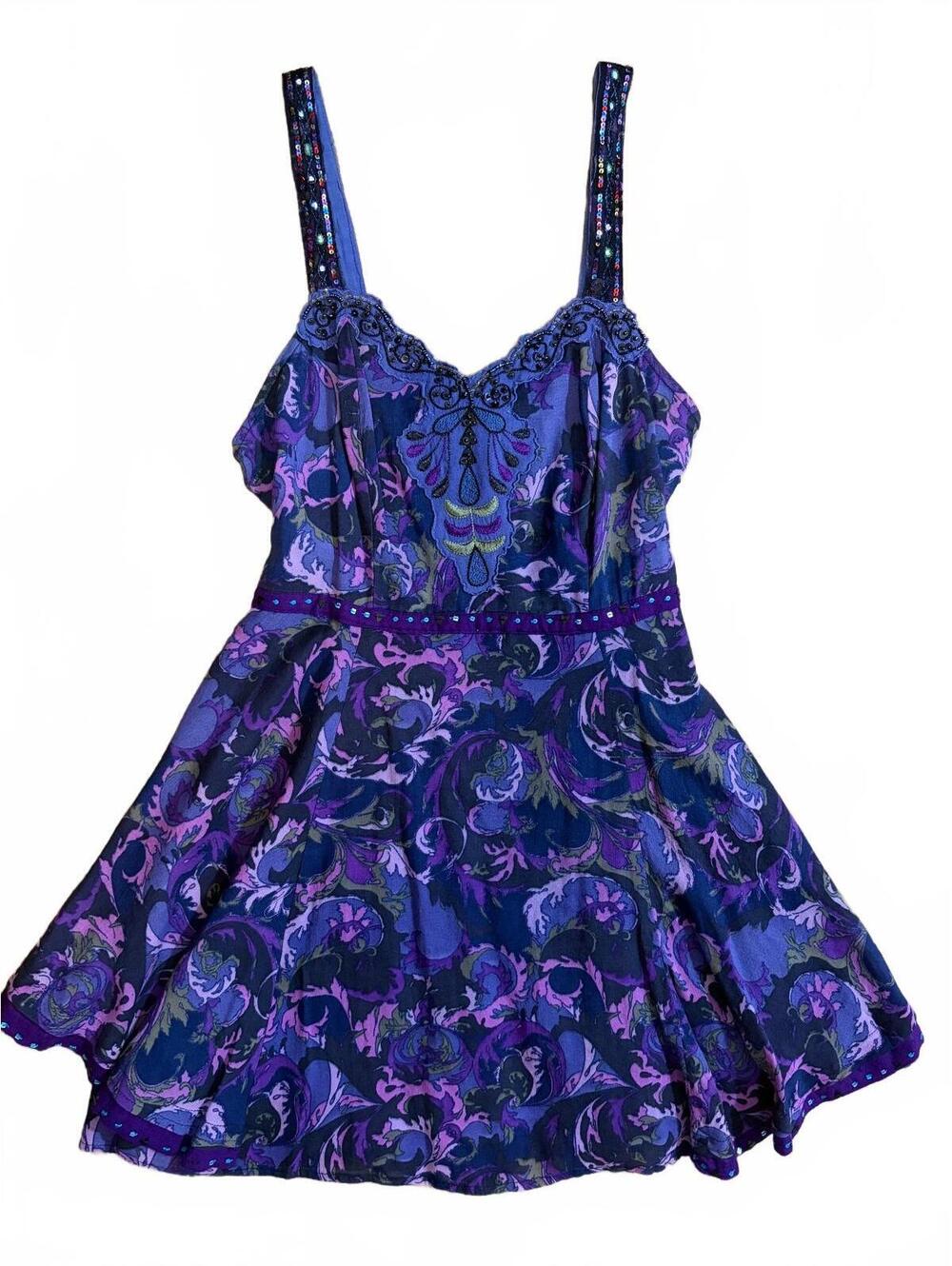 Vintage Free People Dress Size 2 Purple Floral Babydoll Mini Beaded Sequin